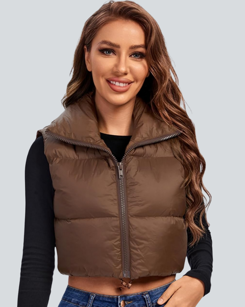 Cropped Puffer Vest Women Zip Up Stand Collar Sleeveless Padded Crop