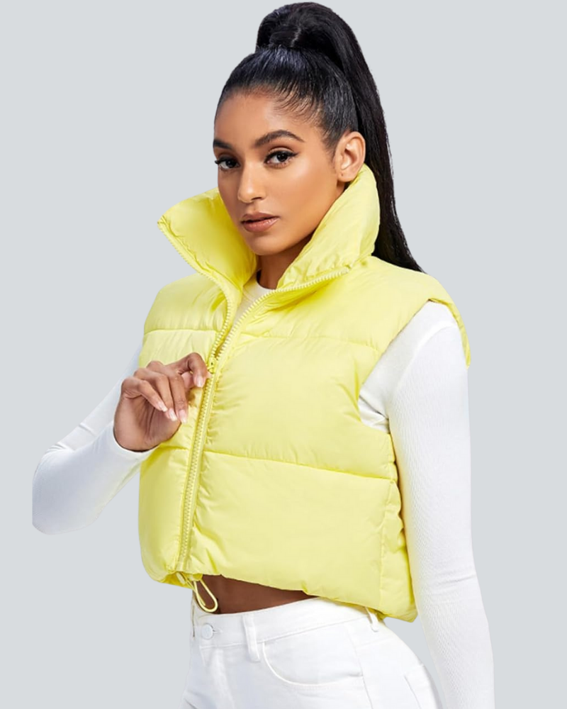 Cropped Puffer Vest Women Zip Up Stand Collar Sleeveless Padded Crop