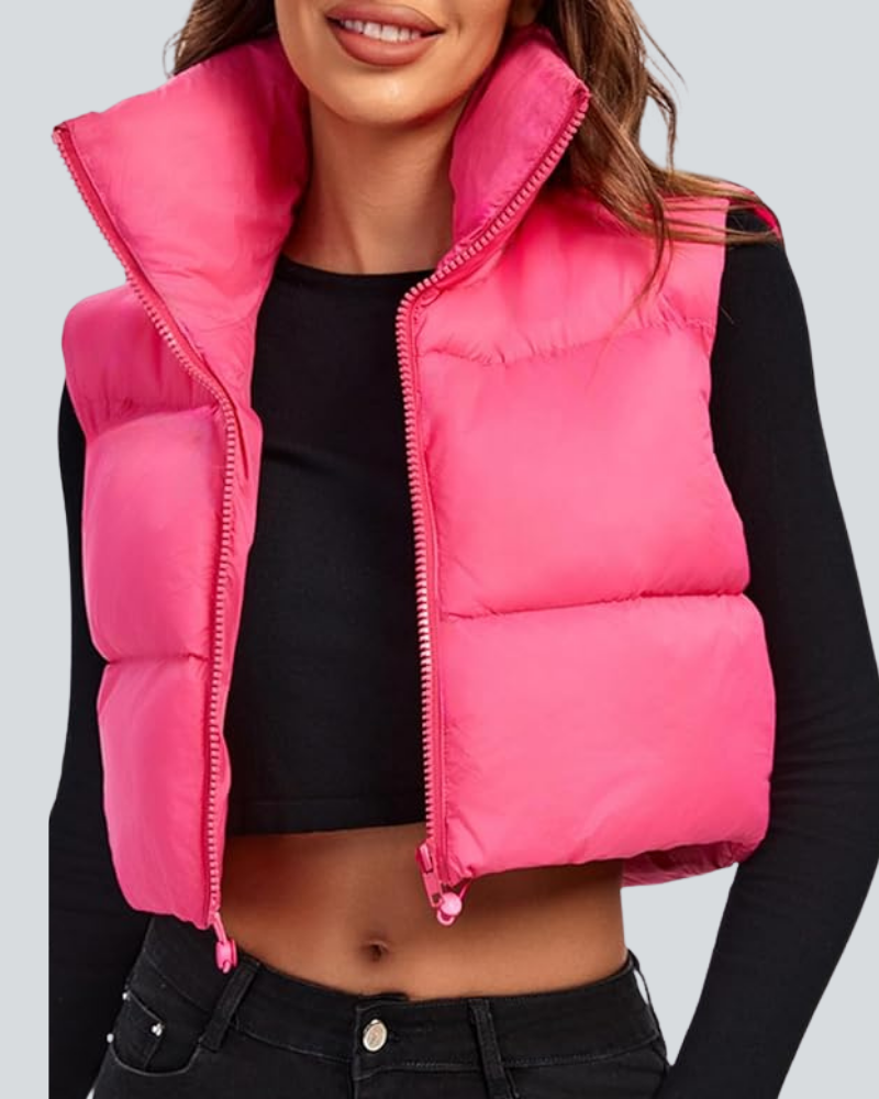Cropped Puffer Vest Women Zip Up Stand Collar Sleeveless Padded Crop