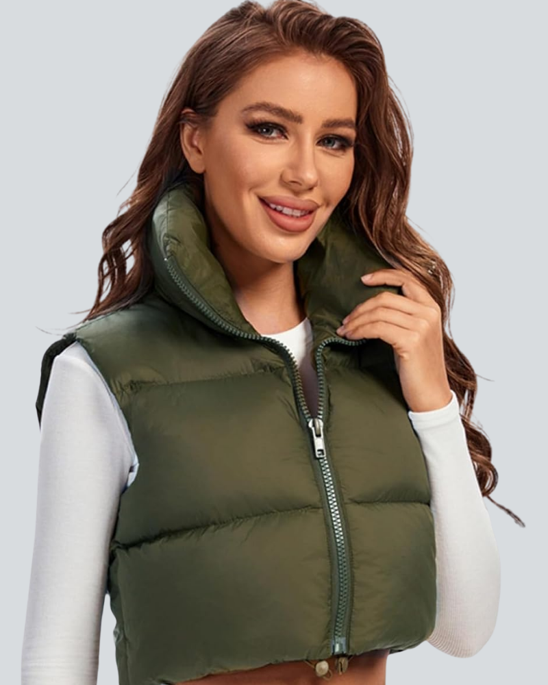Cropped Puffer Vest Women Zip Up Stand Collar Sleeveless Padded Crop