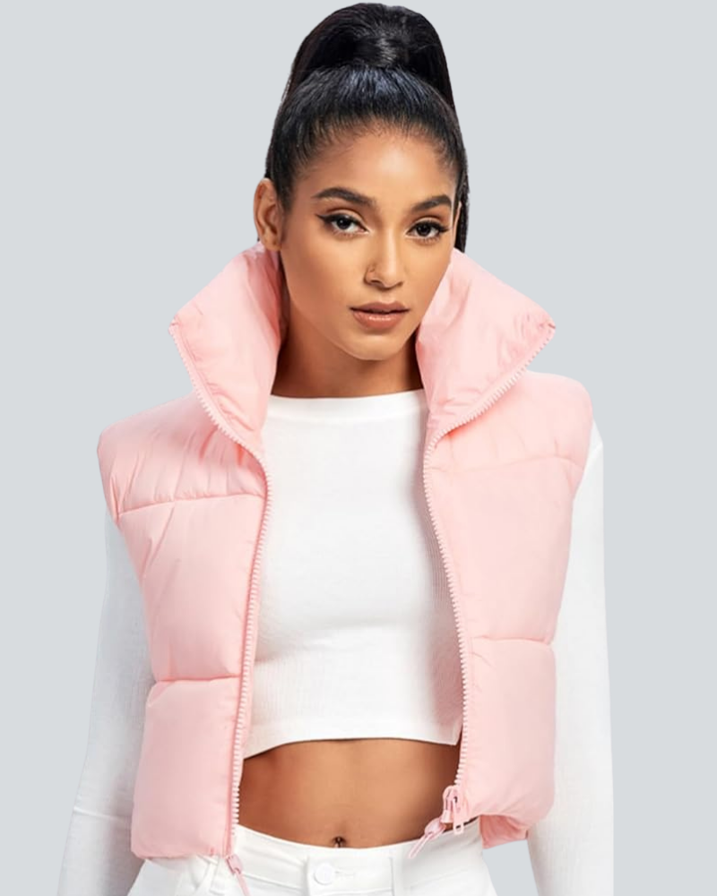 Cropped Puffer Vest Women Zip Up Stand Collar Sleeveless Padded Crop