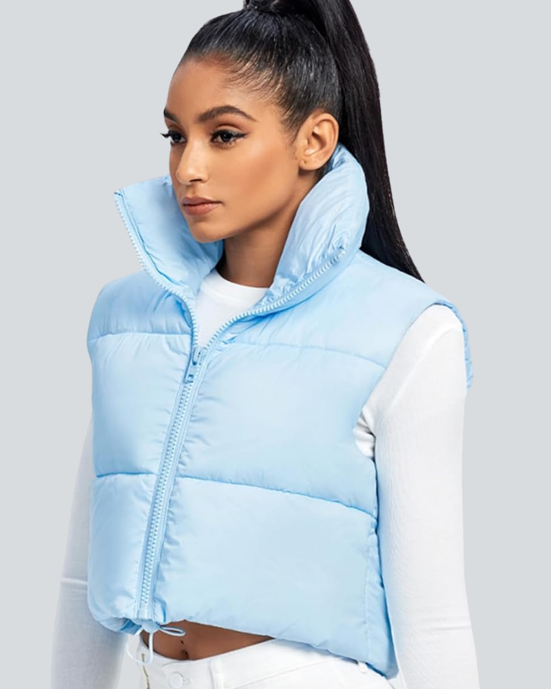 Cropped Puffer Vest Women Zip Up Stand Collar Sleeveless Padded Crop