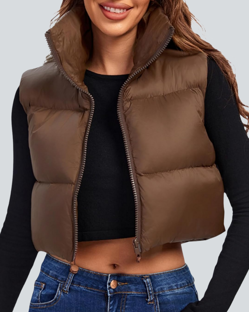 Cropped Puffer Vest Women Zip Up Stand Collar Sleeveless Padded Crop