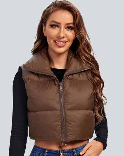 Cropped Puffer Vest Women Zip Up Stand Collar Sleeveless Padded Crop