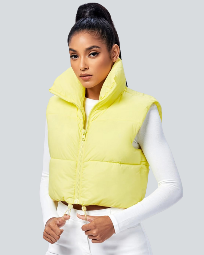 Cropped Puffer Vest Women Zip Up Stand Collar Sleeveless Padded Crop