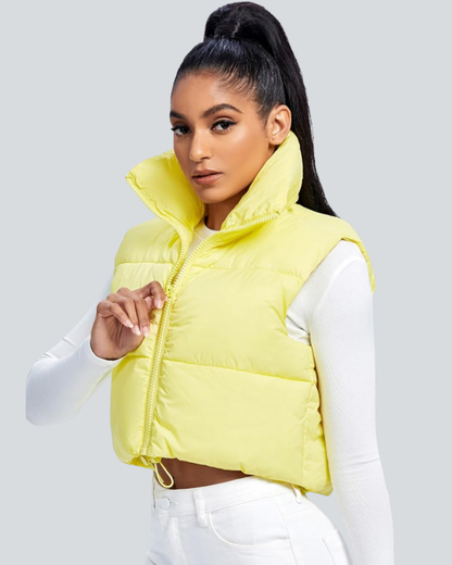 Cropped Puffer Vest Women Zip Up Stand Collar Sleeveless Padded Crop
