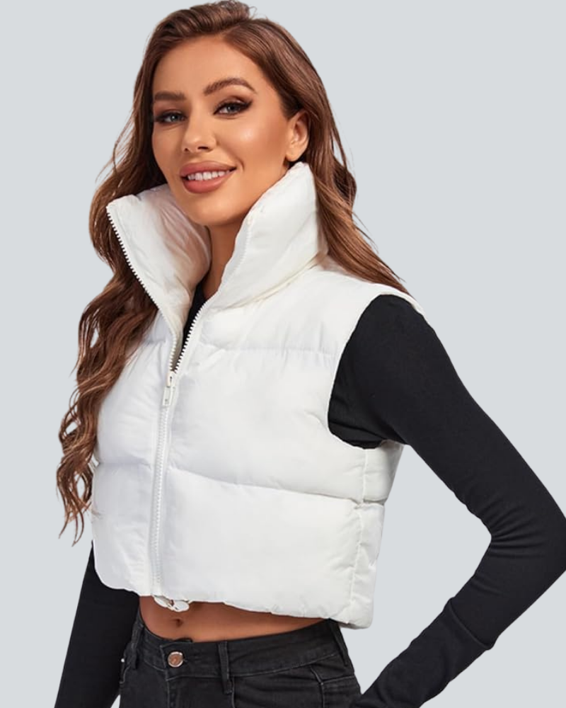 Cropped Puffer Vest Women Zip Up Stand Collar Sleeveless Padded Crop