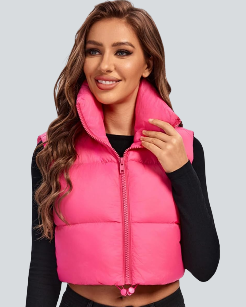 Cropped Puffer Vest Women Zip Up Stand Collar Sleeveless Padded Crop