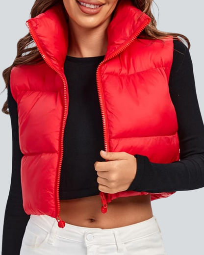 Cropped Puffer Vest Women Zip Up Stand Collar Sleeveless Padded Crop