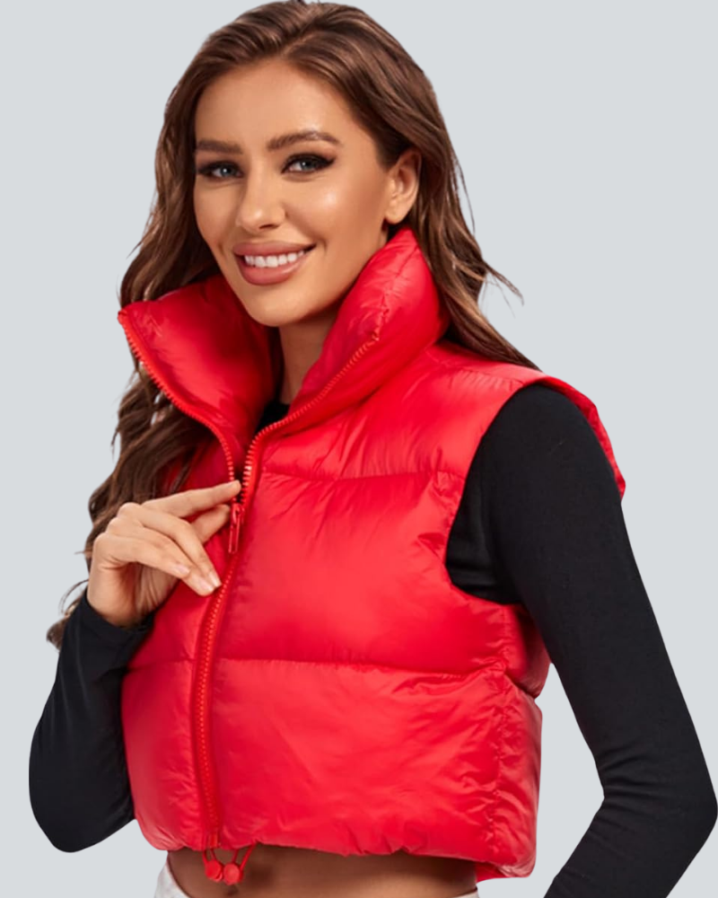 Cropped Puffer Vest Women Zip Up Stand Collar Sleeveless Padded Crop