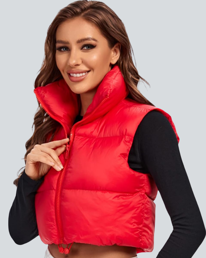 Cropped Puffer Vest Women Zip Up Stand Collar Sleeveless Padded Crop