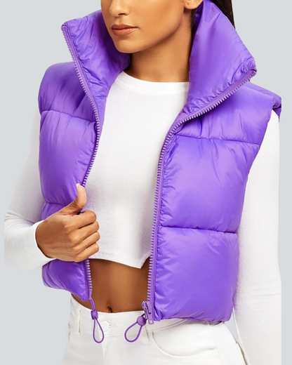 Cropped Puffer Vest Women Zip Up Stand Collar Sleeveless Padded Crop