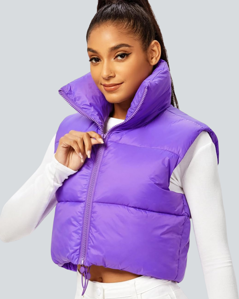 Cropped Puffer Vest Women Zip Up Stand Collar Sleeveless Padded Crop