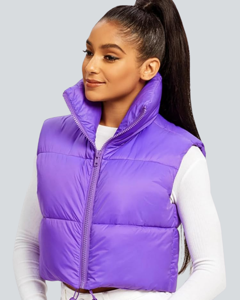 Cropped Puffer Vest Women Zip Up Stand Collar Sleeveless Padded Crop