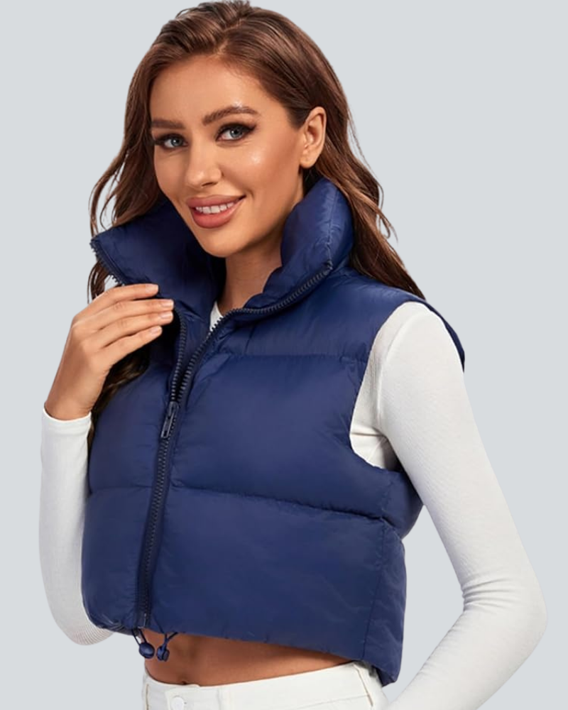 Cropped Puffer Vest Women Zip Up Stand Collar Sleeveless Padded Crop