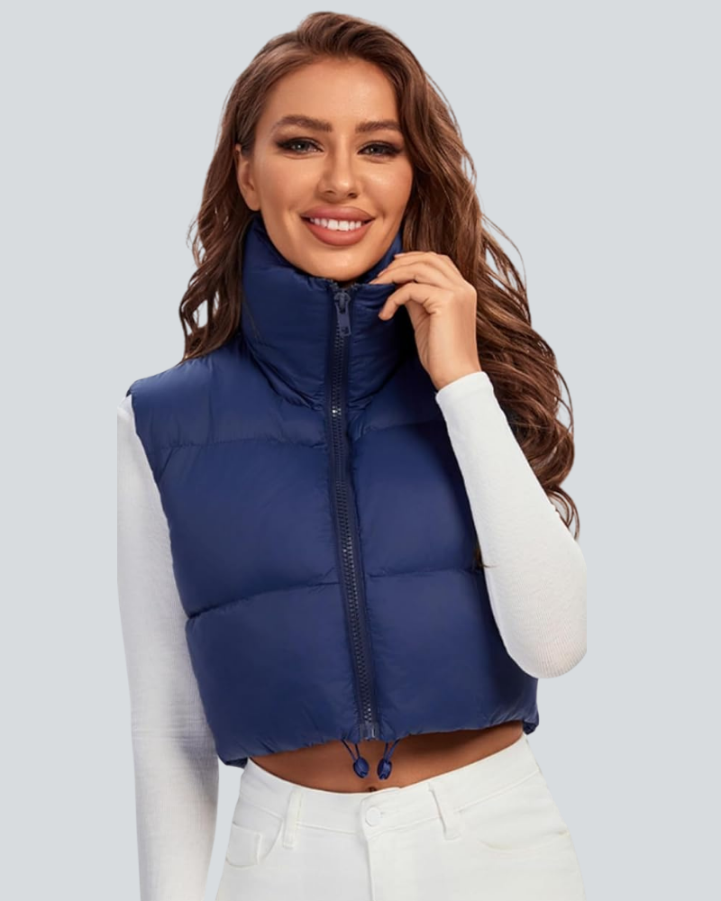 Cropped Puffer Vest Women Zip Up Stand Collar Sleeveless Padded Crop