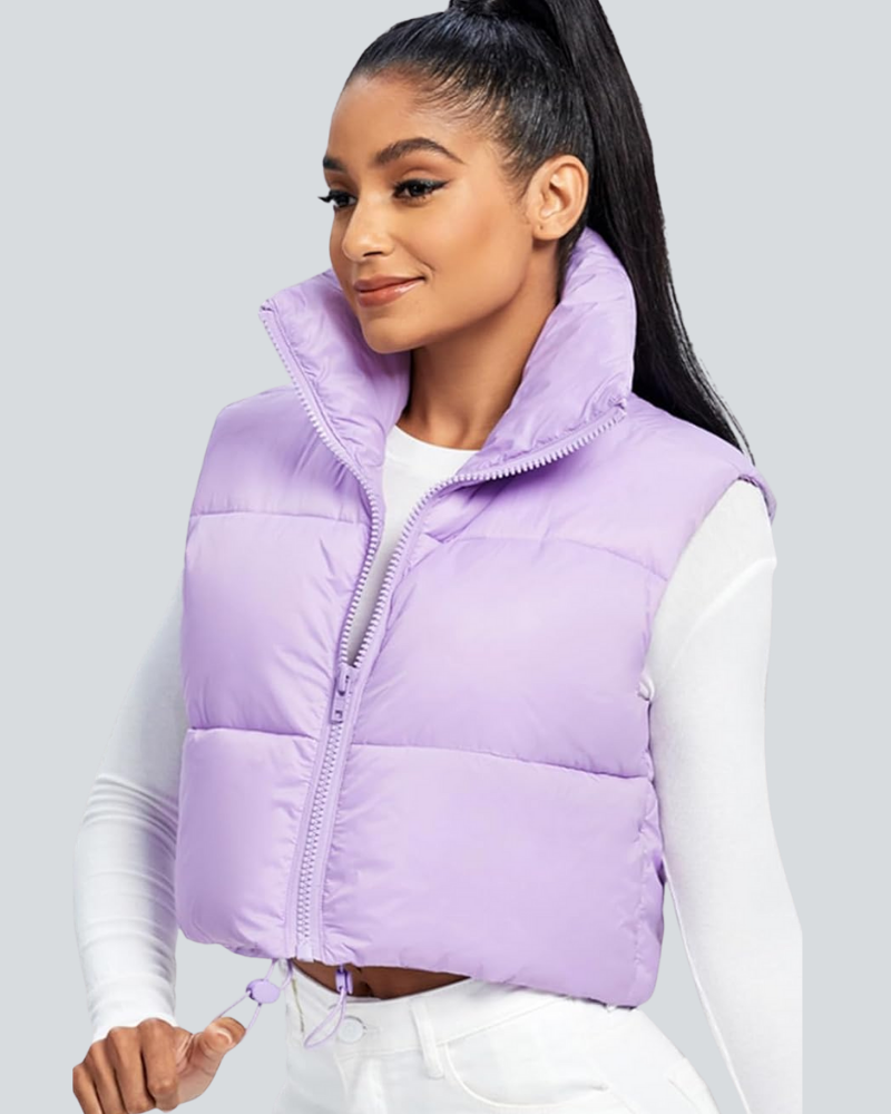 Cropped Puffer Vest Women Zip Up Stand Collar Sleeveless Padded Crop