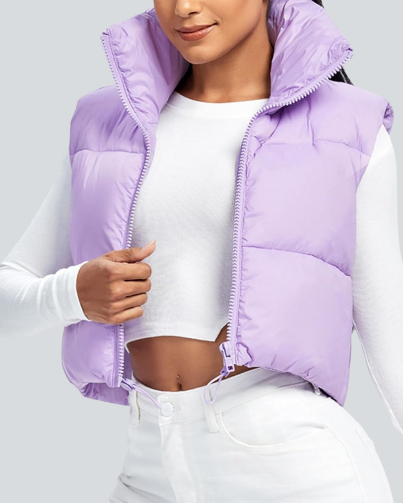 Cropped Puffer Vest Women Zip Up Stand Collar Sleeveless Padded Crop