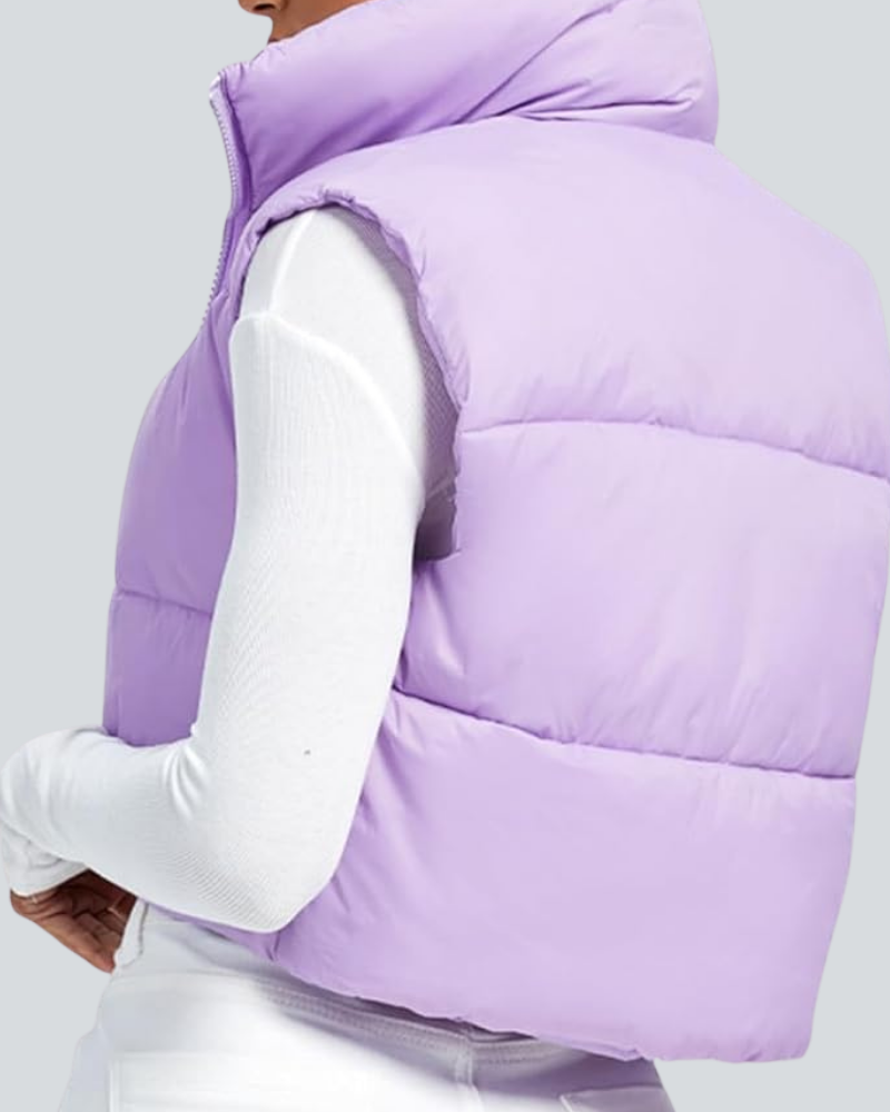 Cropped Puffer Vest Women Zip Up Stand Collar Sleeveless Padded Crop
