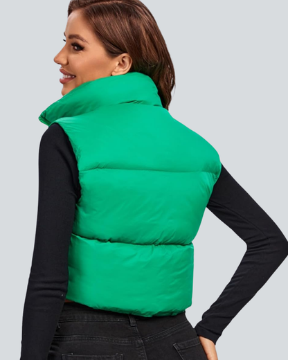 Cropped Puffer Vest Women Zip Up Stand Collar Sleeveless Padded Crop