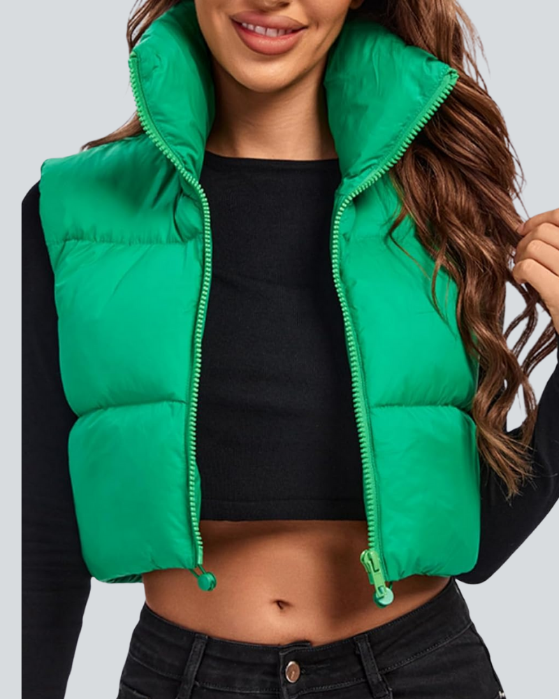 Cropped Puffer Vest Women Zip Up Stand Collar Sleeveless Padded Crop
