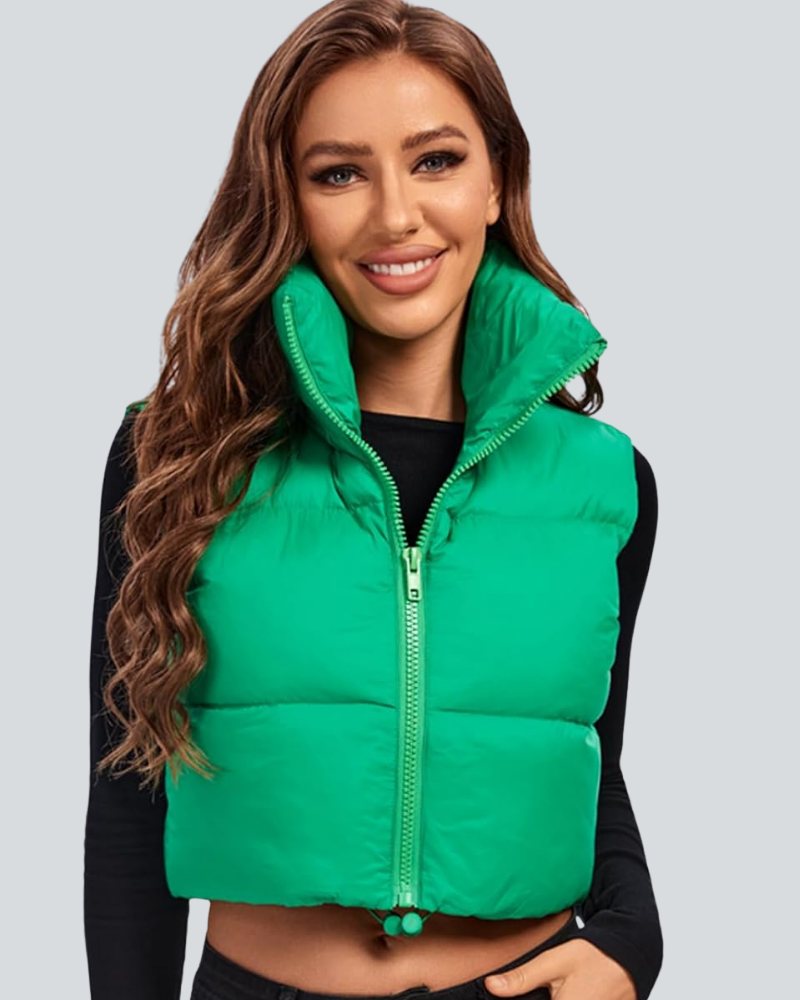 Cropped Puffer Vest Women Zip Up Stand Collar Sleeveless Padded Crop