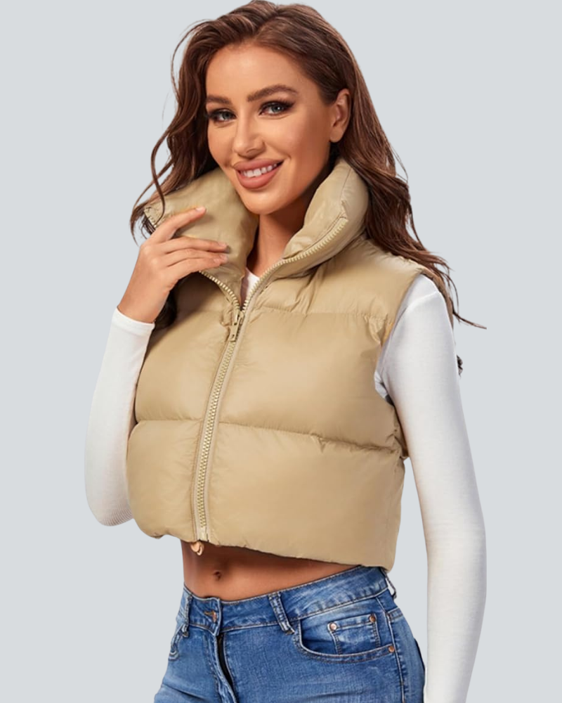 Cropped Puffer Vest Women Zip Up Stand Collar Sleeveless Padded Crop