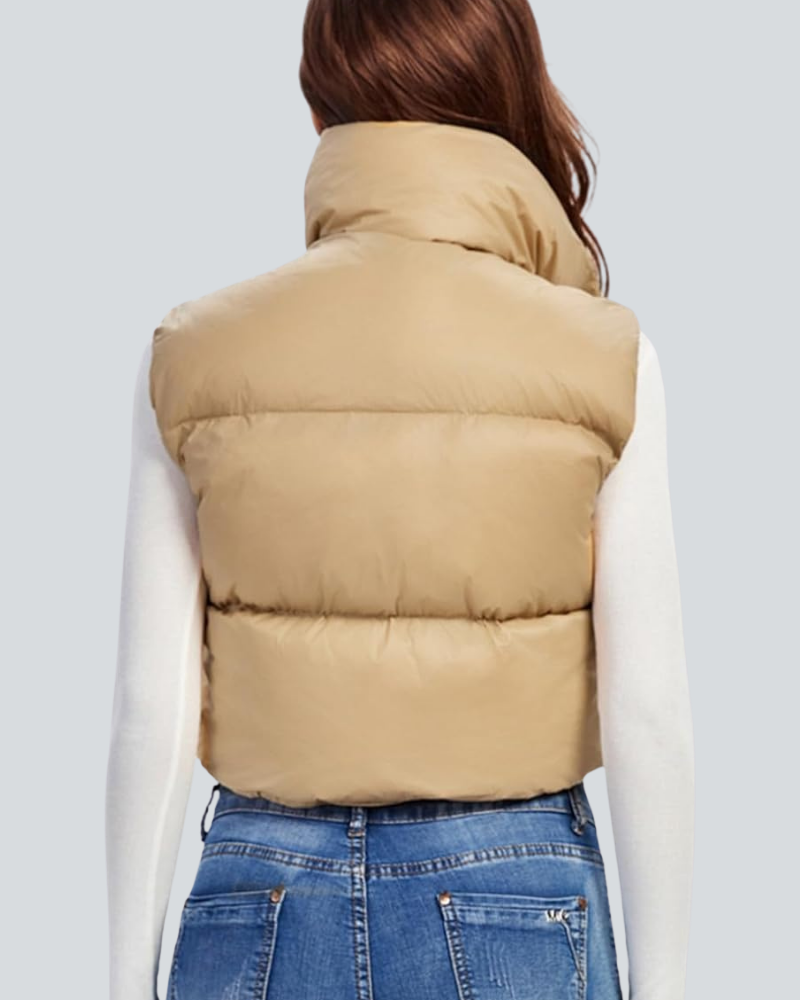 Cropped Puffer Vest Women Zip Up Stand Collar Sleeveless Padded Crop