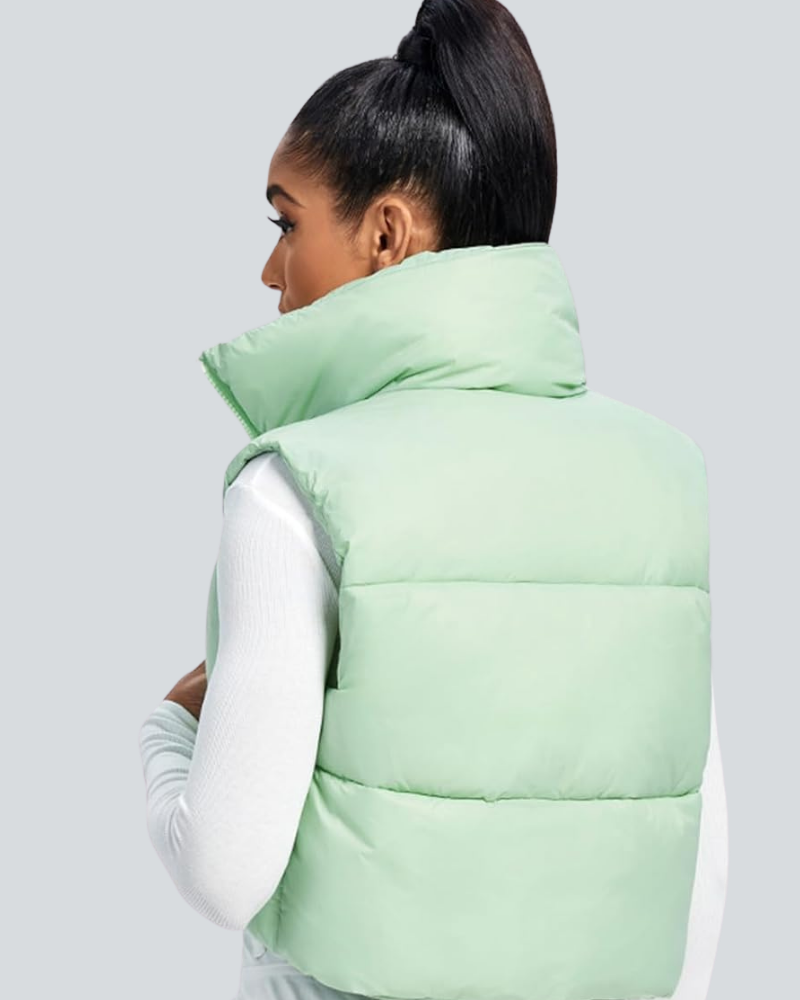 Cropped Puffer Vest Women Zip Up Stand Collar Sleeveless Padded Crop