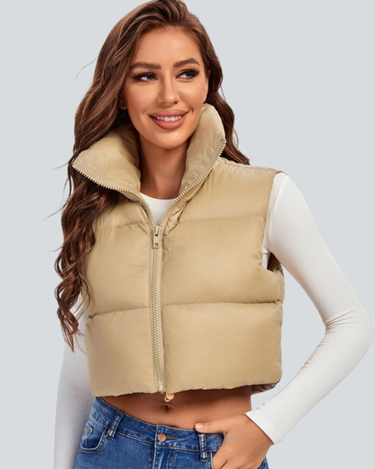 Cropped Puffer Vest Women Zip Up Stand Collar Sleeveless Padded Crop