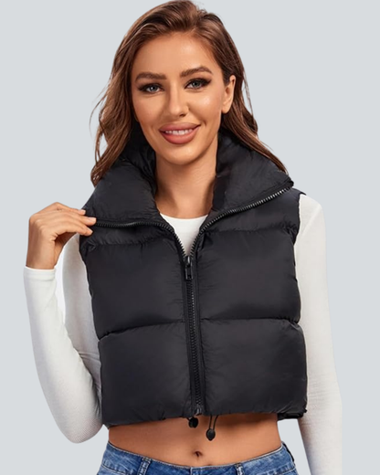 Cropped Puffer Vest Women Zip Up Stand Collar Sleeveless Padded Crop