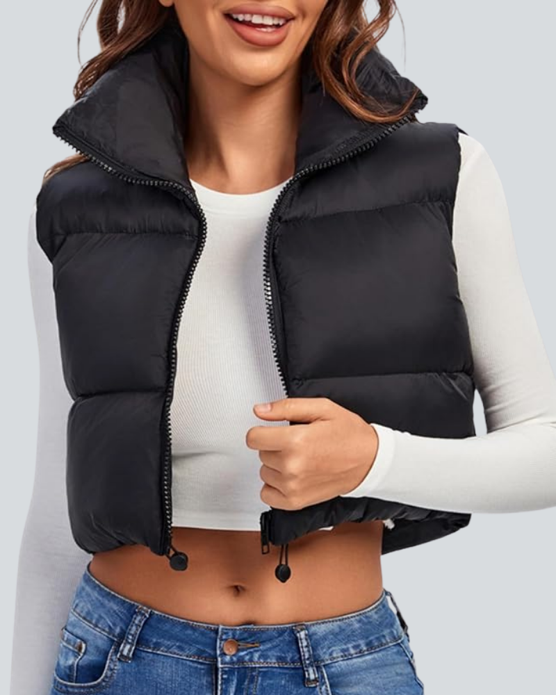 Cropped Puffer Vest Women Zip Up Stand Collar Sleeveless Padded Crop
