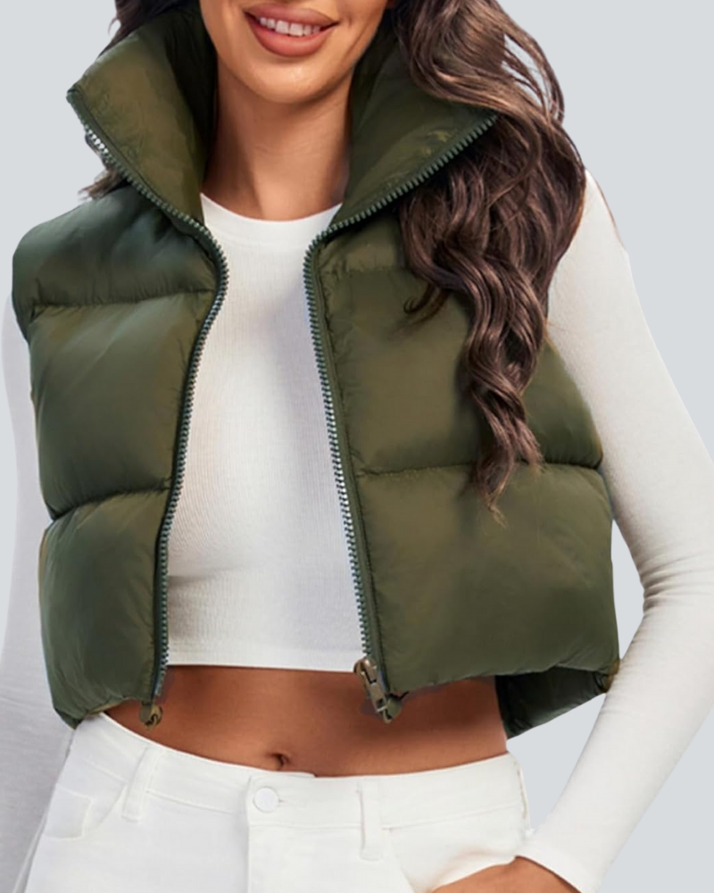 Cropped Puffer Vest Women Zip Up Stand Collar Sleeveless Padded Crop