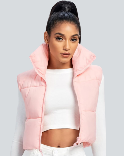 Cropped Puffer Vest Women Zip Up Stand Collar Sleeveless Padded Crop