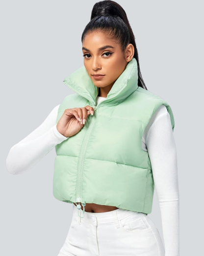 Cropped Puffer Vest Women Zip Up Stand Collar Sleeveless Padded Crop