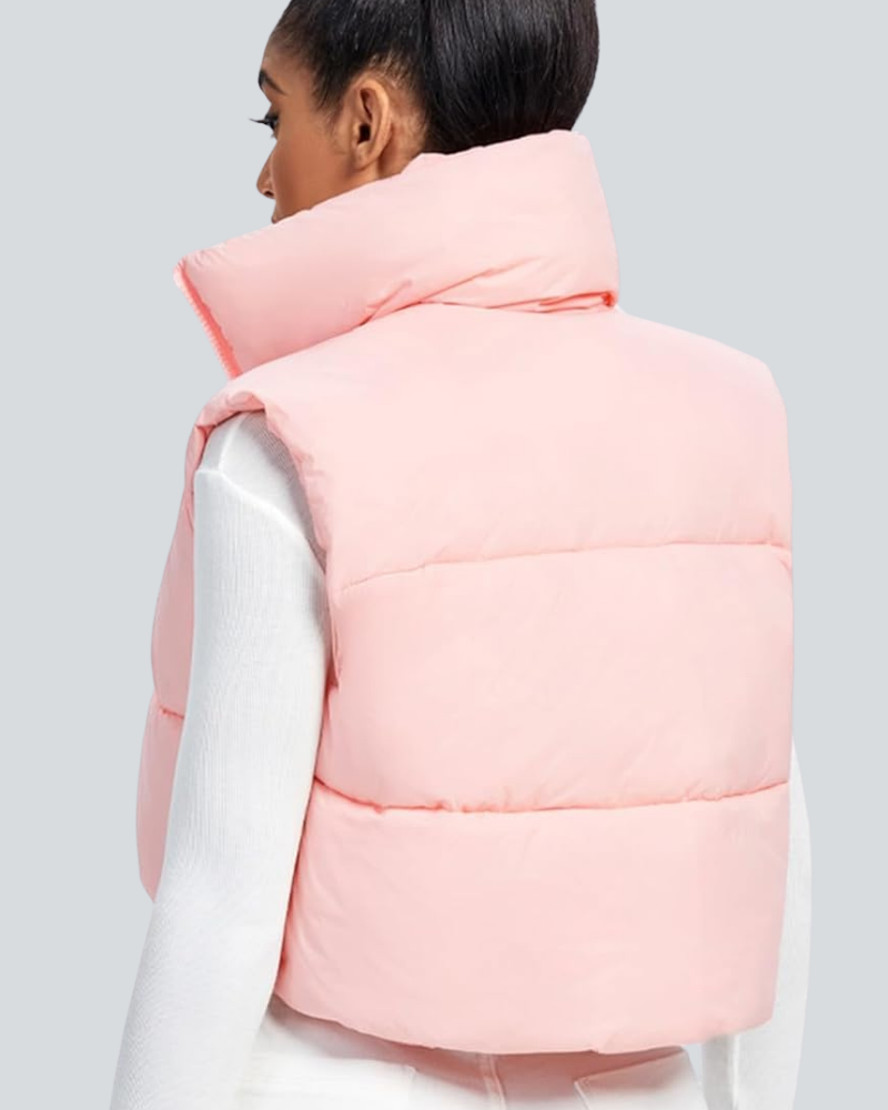 Cropped Puffer Vest Women Zip Up Stand Collar Sleeveless Padded Crop