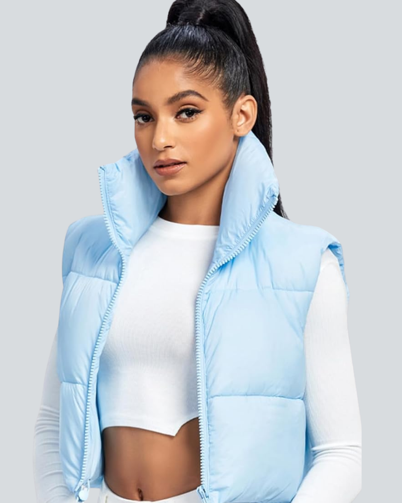 Cropped Puffer Vest Women Zip Up Stand Collar Sleeveless Padded Crop
